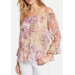 Lucky Brand Top Pink Palm Print Off the Shoulder Sheer Bell Sleeve Blouse New